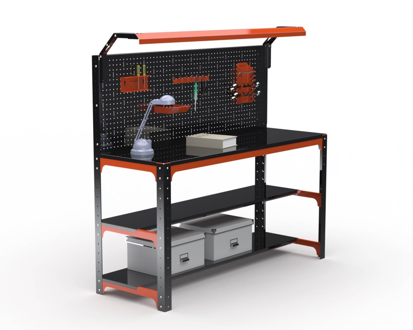 Стол металлический Metalex серия KIT 750х1500х600 (2-е полки + перфопанель с комплектом освещения) (оранжево-черный)