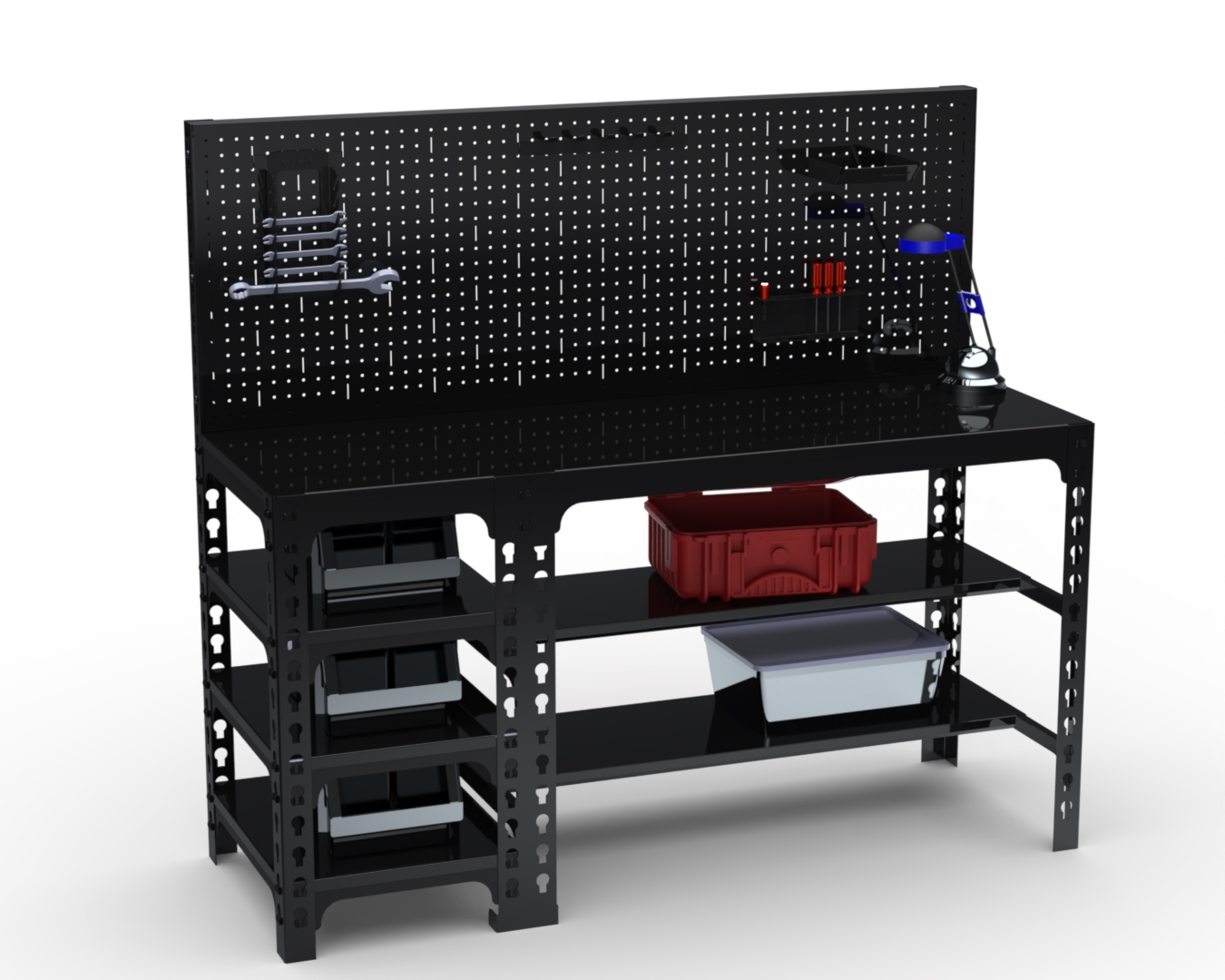 Стол металлический Metalex 750х1600х600 с боковыми полками и перфопанелью (чёрный)