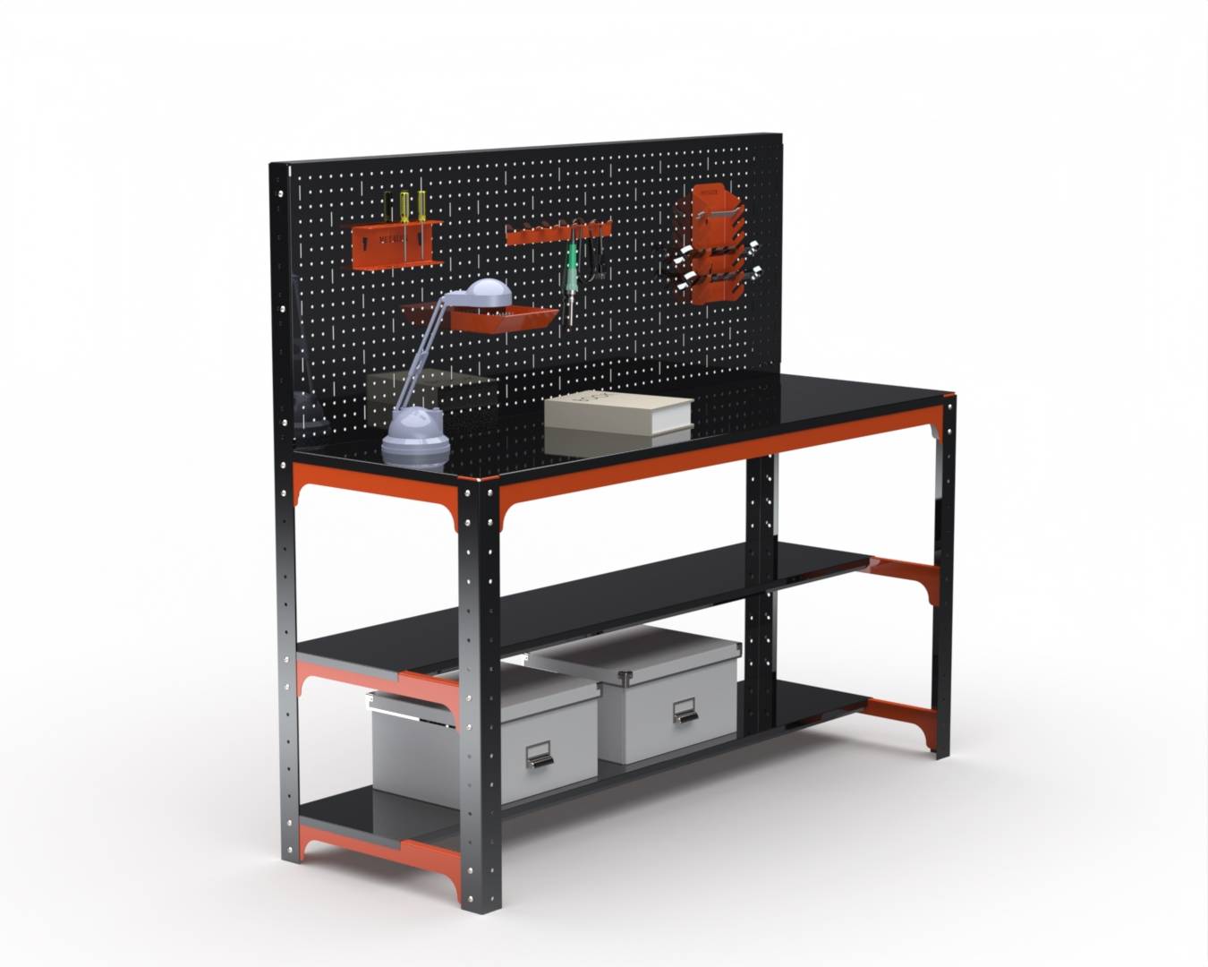 Стол металлический Metalex серия KIT 750х1500х600 + две полки + перфопанель с комплектом аксессуаров (оранжево-черный)