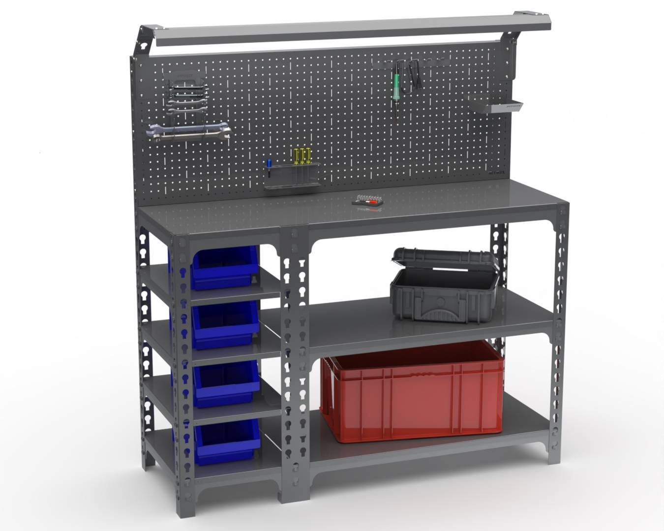 Верстак Metalex серия SUN 950х1700х600 (с бок. полками, перфопанелью и комп. освещения) серый